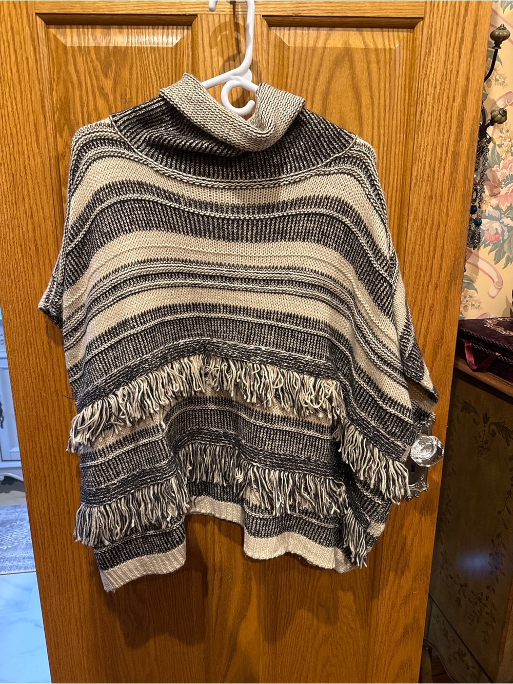Striped Turtleneck Fringe Poncho Sweater - Black & Cream